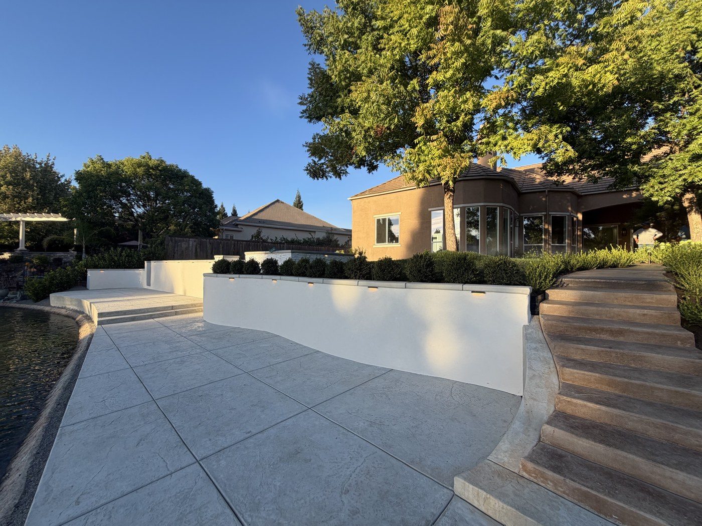 A curved rendered seat wall holding the grade back off a broad poured-concrete pad, with tinted steps running up to the house and a clipped hedge along the top.